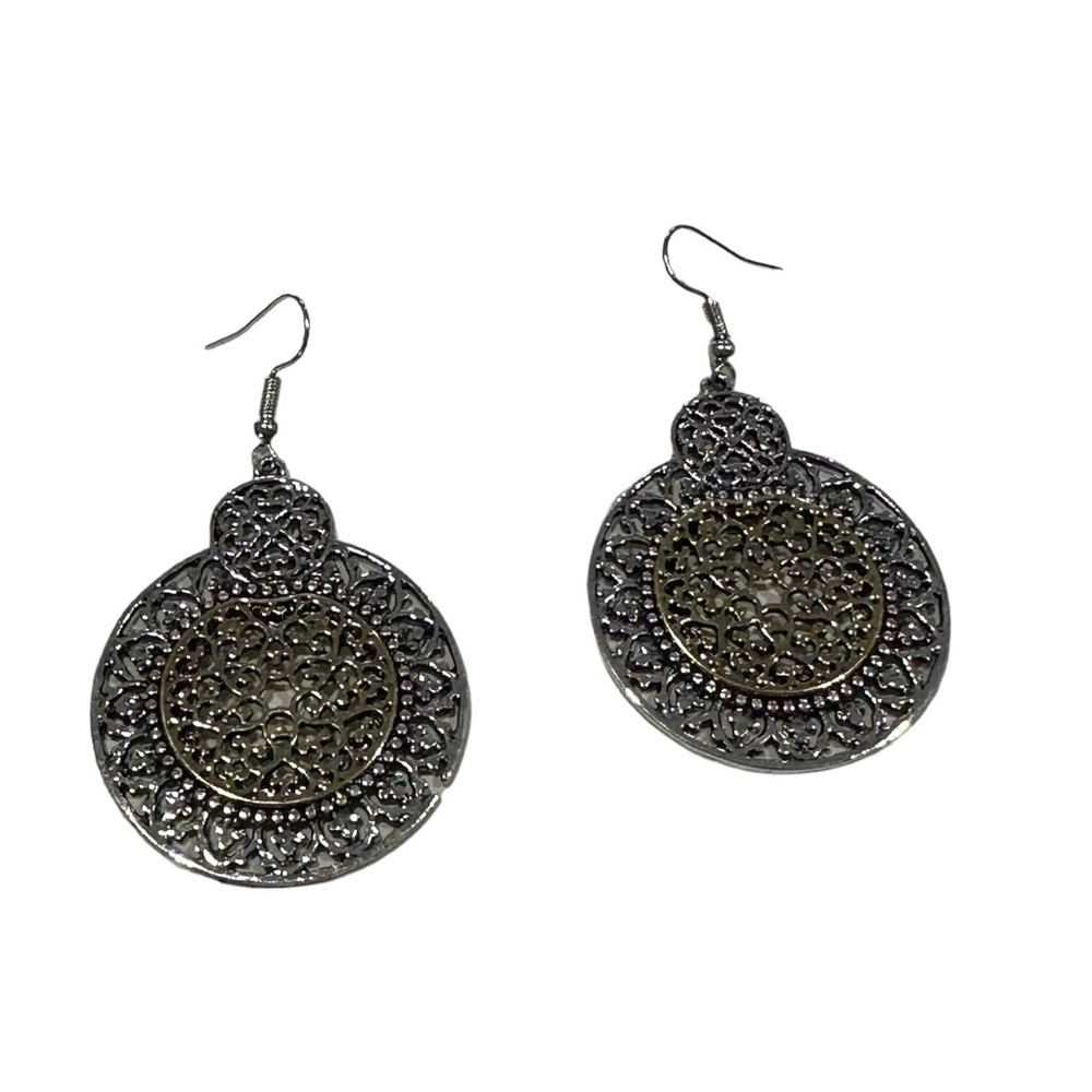 Boho Silver and Gold Round Cut Metal Drop Earrings